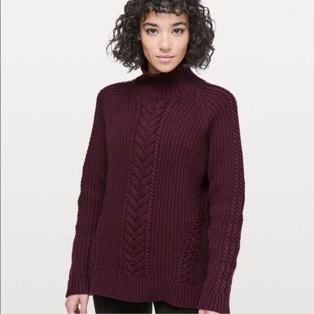 Lululemon Chunky‎ Cable Knit Turtleneck Sweater Burgundy Cozy Pullover Womens 12